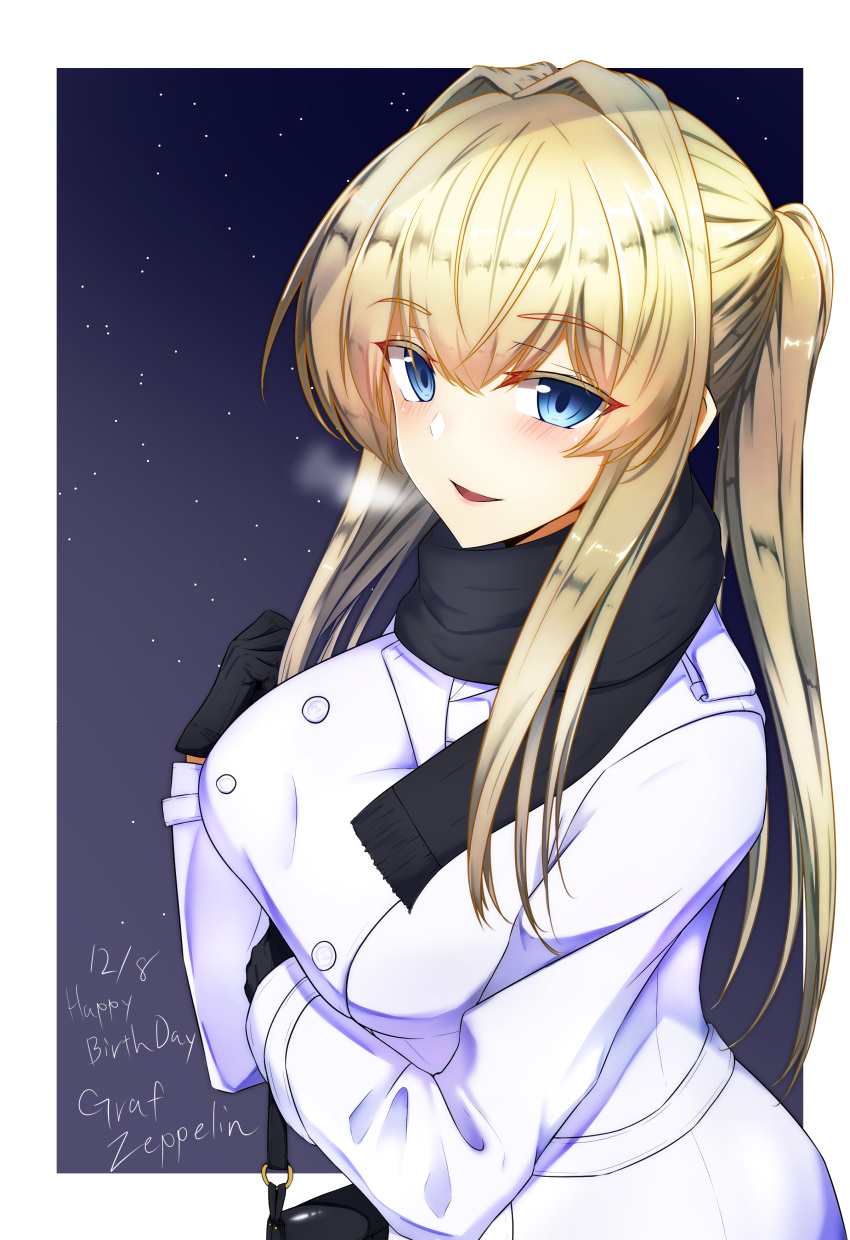 1girl absurdres alternate_costume bag blonde_hair blue_eyes blush breasts carmine_(ucdio) coat dated graf_zeppelin_(kantai_collection) graphite_(medium) hair_between_eyes highres kantai_collection large_breasts long_hair looking_at_viewer mechanical_pencil night night_sky open_mouth pencil scarf sidelocks sky smile traditional_media twintails white_coat winter_clothes winter_coat