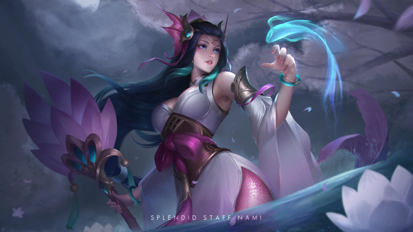 1girl alternate_costume alternate_hair_color black_hair blue_eyes bracelet detached_sleeves earrings facial_mark facing_viewer flower forehead_mark furisode headpiece highres japanese_clothes jewelry kimono koi league_of_legends long_hair looking_to_the_side mermaid monster_girl nami_(league_of_legends) obi sash splendid_staff_nami staff starry-hp very_long_hair water