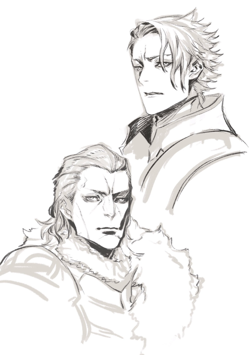 2boys agravain_(fate/grand_order) armor fate/grand_order fate_(series) fur_collar hair_slicked_back highres knights_of_the_round_table_(fate) lancelot_(fate/grand_order) male_focus miwa_shirou monochrome multiple_boys short_hair sketch upper_body