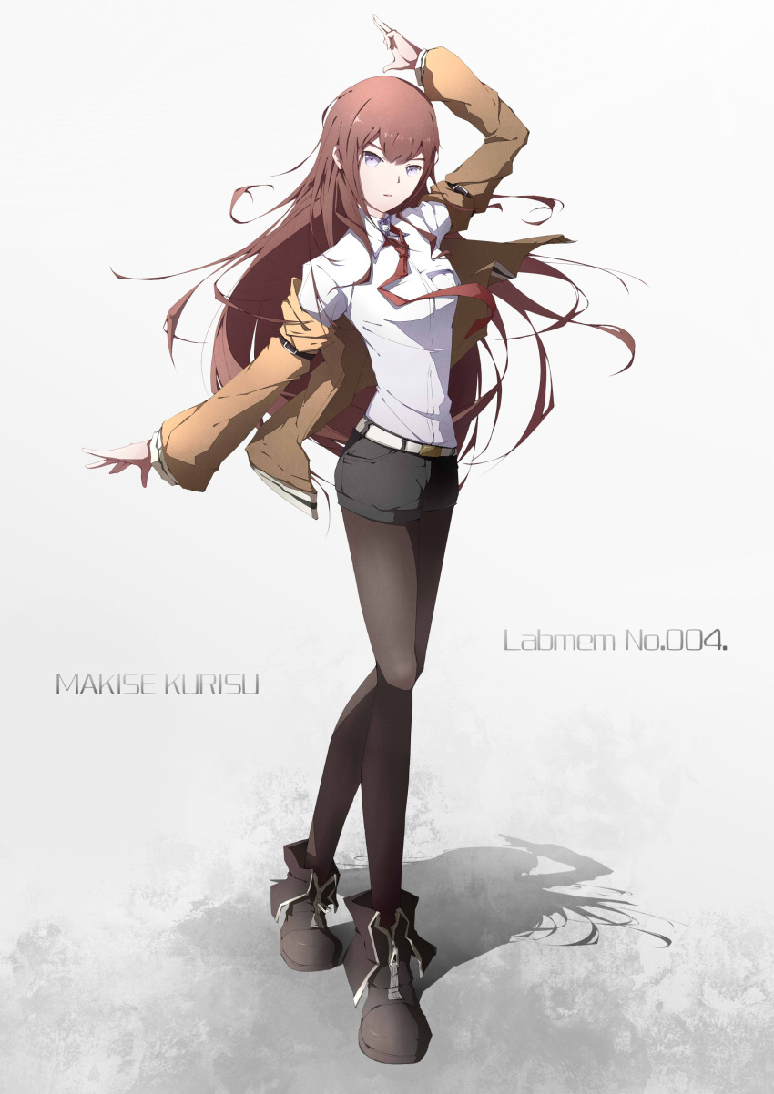 1girl absurdres arm_up belt black_legwear black_shorts brown_hair brown_jacket character_name collared_shirt dress_shirt floating_hair full_body highres jacket legwear_under_shorts long_hair long_sleeves looking_at_viewer makise_kurisu necktie open_clothes open_jacket pantyhose red_neckwear shadow shirt short_shorts shorts simple_background solo standing steins;gate user_dmmt3227 very_long_hair white_background white_belt white_shirt wing_collar