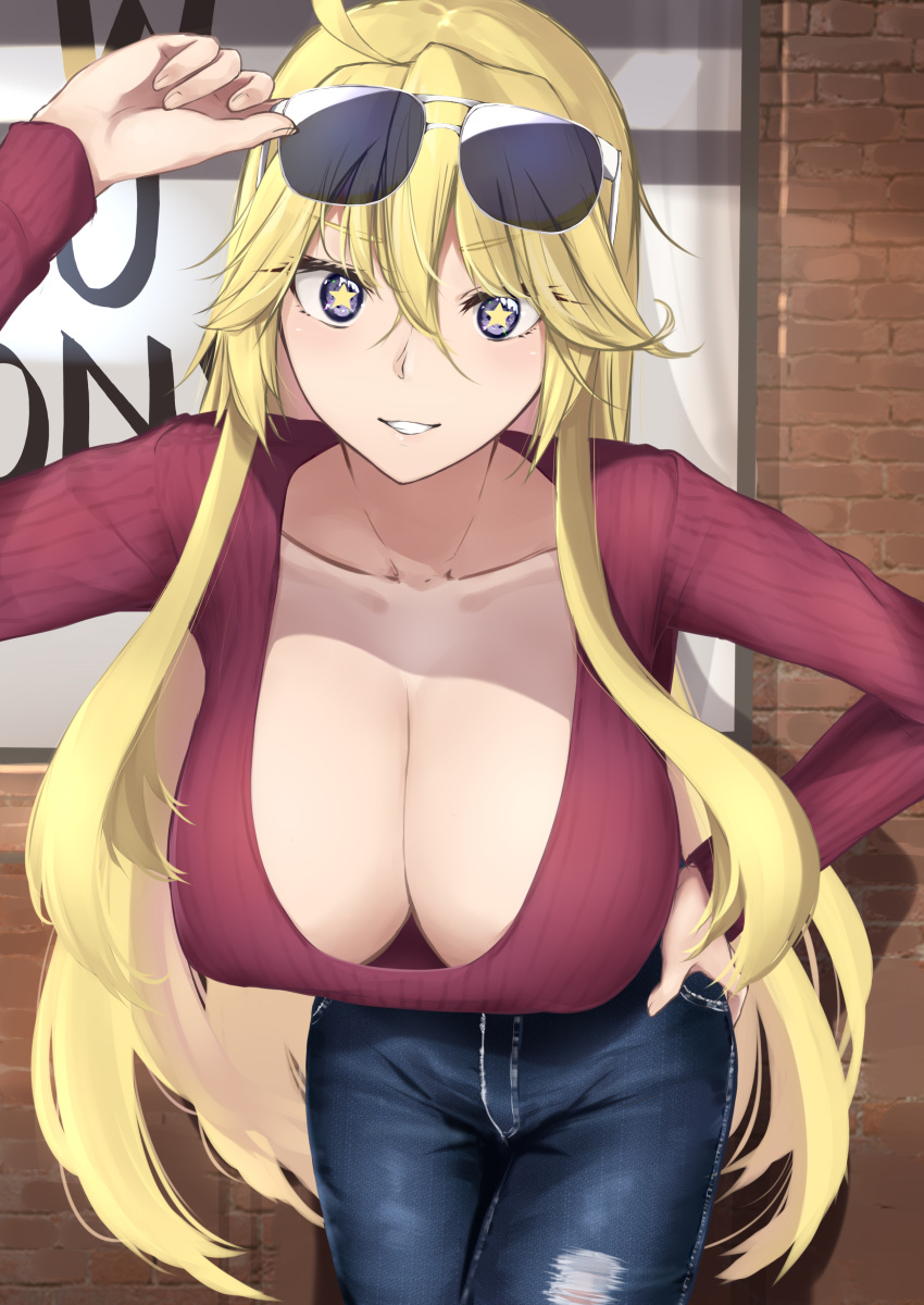 1girl absurdres ahoge aviator_sunglasses bangs blonde_hair blue_eyes breasts brick_wall collarbone commentary_request denim downblouse eyebrows_visible_through_hair hand_on_hip highres iowa_(kantai_collection) jeans kantai_collection large_breasts pants smile star star-shaped_pupils sunglasses sweater symbol-shaped_pupils tokorotn