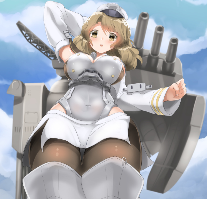 1girl arms_behind_head blonde_hair blue_sky breasts brown_legwear cannon catapult_launcher clouds cloudy_sky corset covered_navel cowboy_shot detached_sleeves dress eyebrows_visible_through_hair from_below hat houston_(kantai_collection) kantai_collection looking_at_viewer medium_breasts medium_hair open_mouth pleated_dress range_finder redundant-cat shin_guards sky smile standing thigh-highs thighs tight_top turret white_dress yellow_eyes
