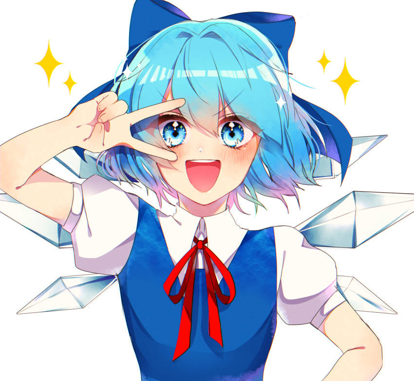 1girl :d artist_request bangs blue_bow blue_dress blue_eyes blue_hair blush bow cirno diamond_(shape) dress dress_shirt eyebrows_visible_through_hair eyes_visible_through_hair hair_between_eyes hair_bow hair_intakes heart heart_in_eye highres ice ice_wings looking_at_viewer open_mouth pinafore_dress puffy_short_sleeves puffy_sleeves red_neckwear red_ribbon ribbon shiny shiny_hair shirt short_hair short_sleeves smile solo sparkle sparkling_eyes star star_in_eye symbol_in_eye touhou upper_body v-shaped_eyebrows v_over_eye white_background white_shirt wing_collar wings