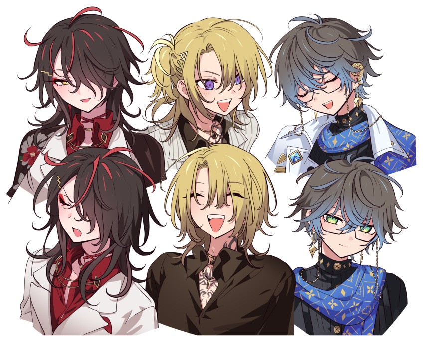 3boys :d androgynous black_hair black_shirt blonde_hair blue_hair blue_scarf brown_hair chest_tattoo closed_eyes closed_mouth collared_shirt commentary_request cropped_torso earrings expressions eyeliner eyewear_strap facing_viewer glasses grey_hair hair_between_eyes hair_over_one_eye highres ike_eveland jewelry laughing long_hair looking_at_viewer looking_to_the_side luca_kaneshiro makeup male_focus meremero multicolored_hair multiple_boys multiple_views nijisanji nijisanji_en open_mouth red_eyeliner red_shirt redhead scarf shirt short_hair simple_background smile streaked_hair tattoo upper_body violet_eyes virtual_youtuber vox_akuma white_background yellow_eyes
