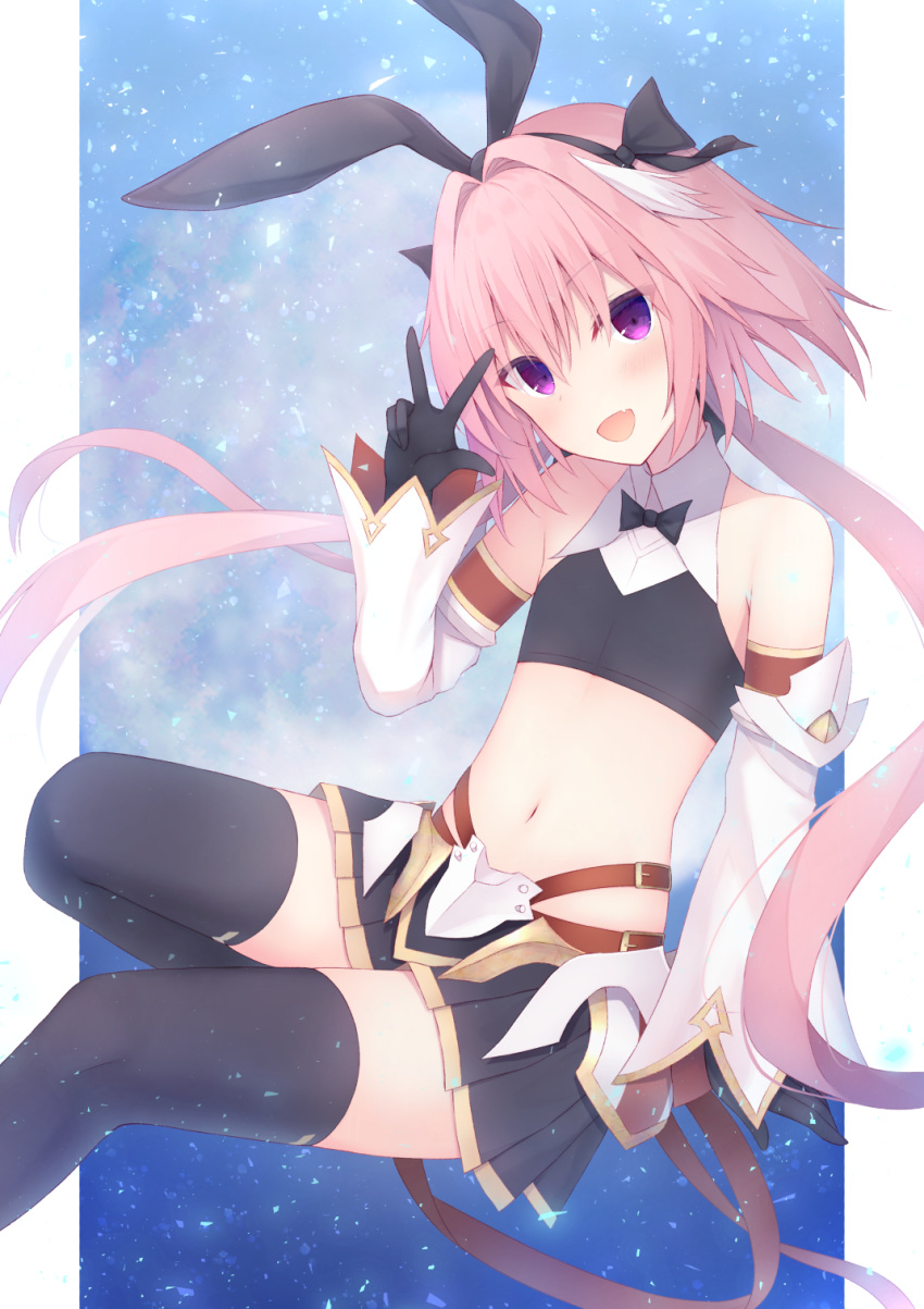 1boy astolfo_(fate) astolfo_(saber)_(fate) black_bow black_gloves black_legwear blush bow bowtie elbow_gloves fate/grand_order fate_(series) firepo gloves hair_bow hair_intakes highres long_hair looking_at_viewer male_focus open_mouth otoko_no_ko pink_hair pleated_skirt skirt smile solo thigh-highs twintails violet_eyes