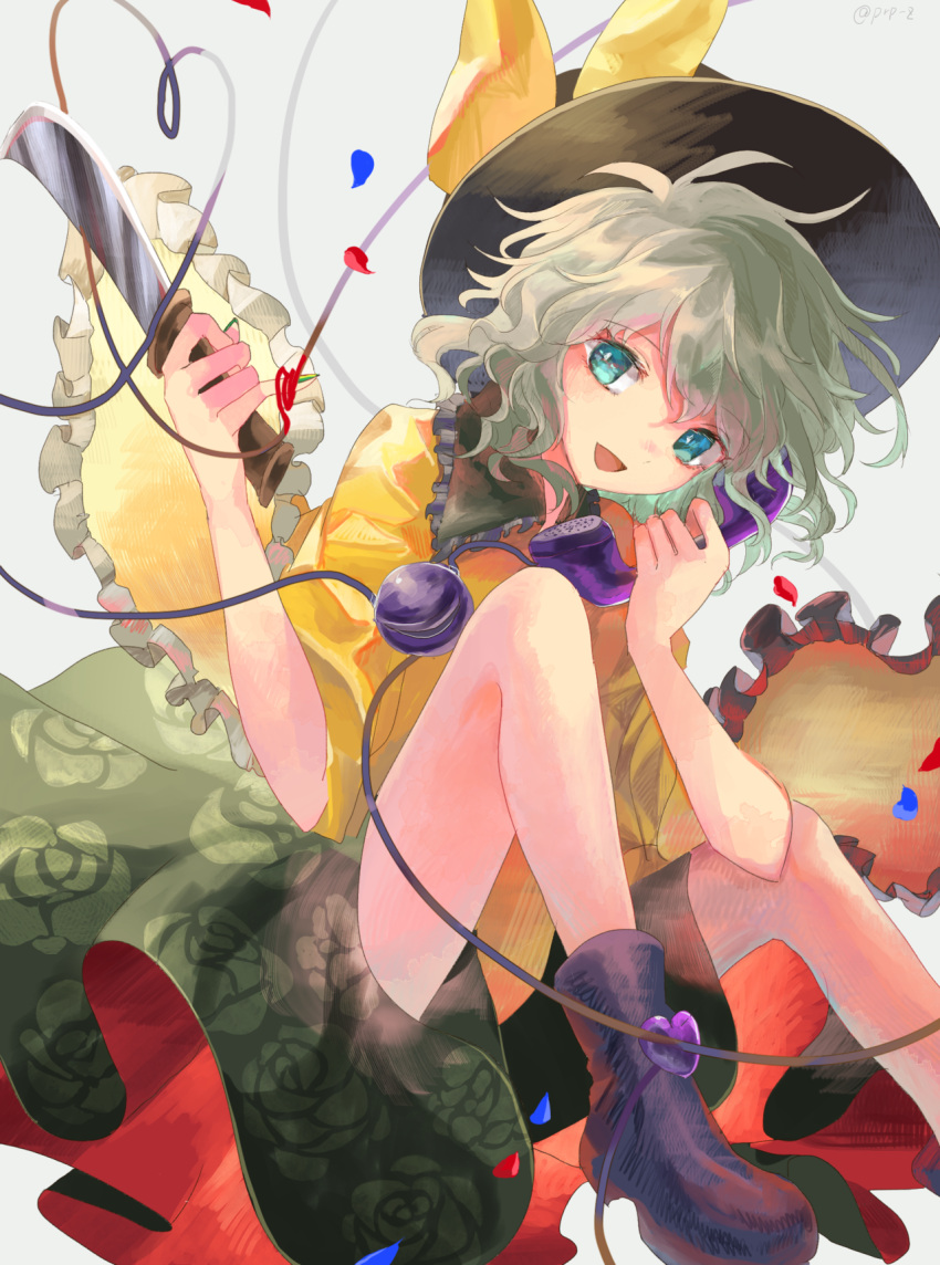 1girl collared_shirt eyeball floral_print frilled_sleeves frills green_eyes green_hair hat heart heart_of_string highres knife komeiji_koishi looking_at_viewer open_mouth petals phone rakulog ribbon shirt simple_background skirt smile solo third_eye touhou wavy_hair wide_sleeves yellow_ribbon yellow_shirt