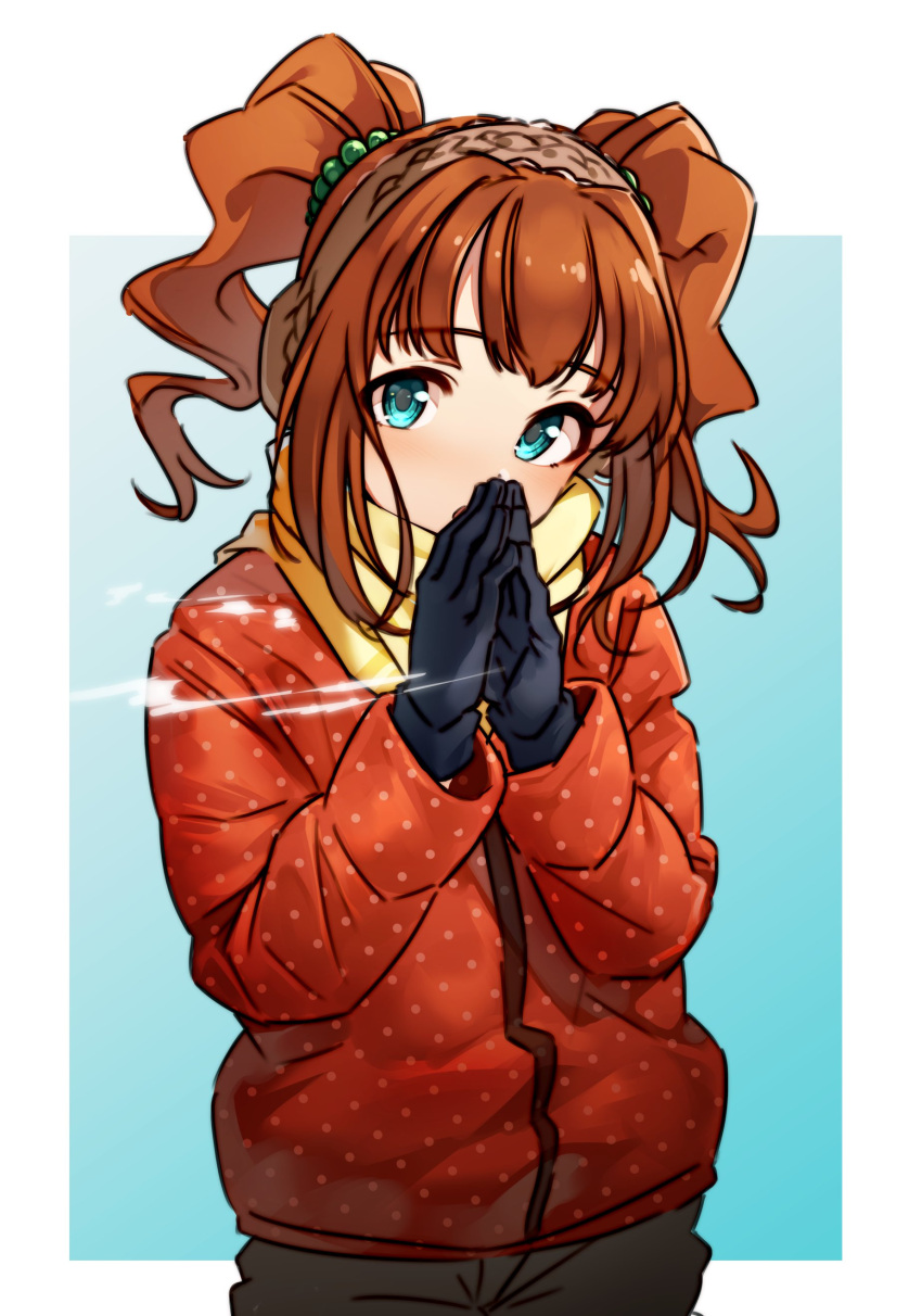 1girl absurdres aqua_eyes blush breath brown_hair coat cowboy_shot earmuffs eyebrows_visible_through_hair gloves hair_bobbles hair_ornament hands_together highres idolmaster idolmaster_(classic) jacket kakaobataa long_hair looking_at_viewer open_mouth own_hands_together pants scarf sidelocks solo takatsuki_yayoi twintails two-tone_background winter_clothes winter_coat