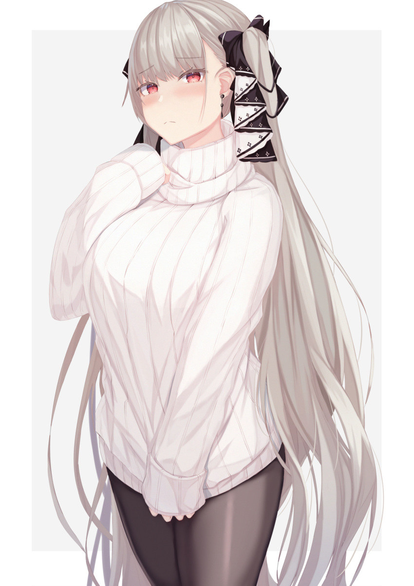 1girl alternate_costume azur_lane bangs black_legwear black_ribbon breasts closed_mouth commentary_request earrings embarrassed eyebrows_visible_through_hair formidable_(azur_lane) frown grey_hair hair_ribbon highres jewelry kazuha_(saku_kn) large_breasts long_hair looking_at_viewer pantyhose red_eyes ribbed_sweater ribbon simple_background sleeves_past_wrists solo standing sweater turtleneck turtleneck_sweater very_long_hair white_background white_sweater
