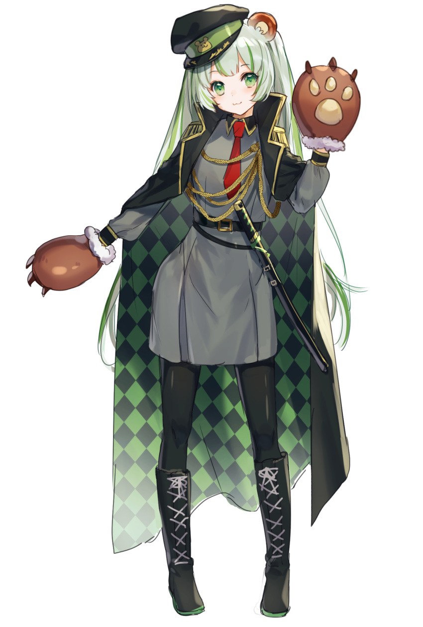 1girl :3 alternate_hairstyle animal_ears animare boots cape green_eyes green_hair hat highres hinokuma_ran long_hair looking_at_viewer military military_uniform pantyhose paws sheath sheathed simple_background solo standing uniform virtual_youtuber weapon white_background ymymssy