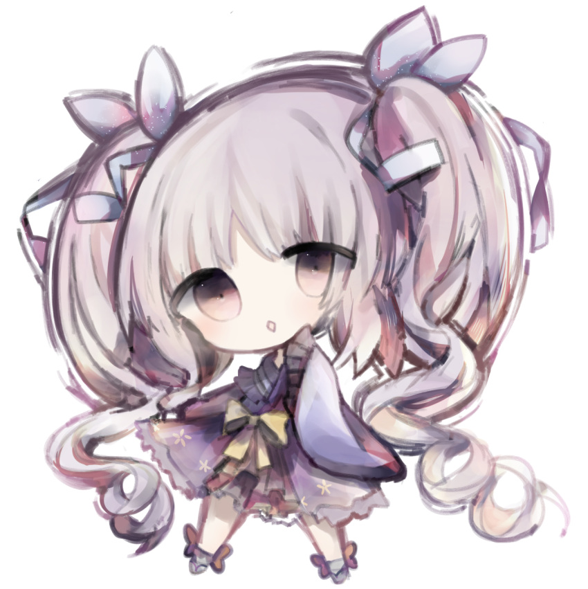 1girl :&lt;&gt; bangs blue_kimono blue_ribbon blush bow brown_eyes chibi commentary_request cottontailtokki full_body grey_hair hair_ribbon highres hikawa_kyoka japanese_clothes kimono long_hair long_sleeves parted_lips princess_connect! princess_connect!_re:dive ribbon simple_background sleeves_past_fingers sleeves_past_wrists socks solo twintails very_long_hair white_background white_legwear wide_sleeves yellow_bow