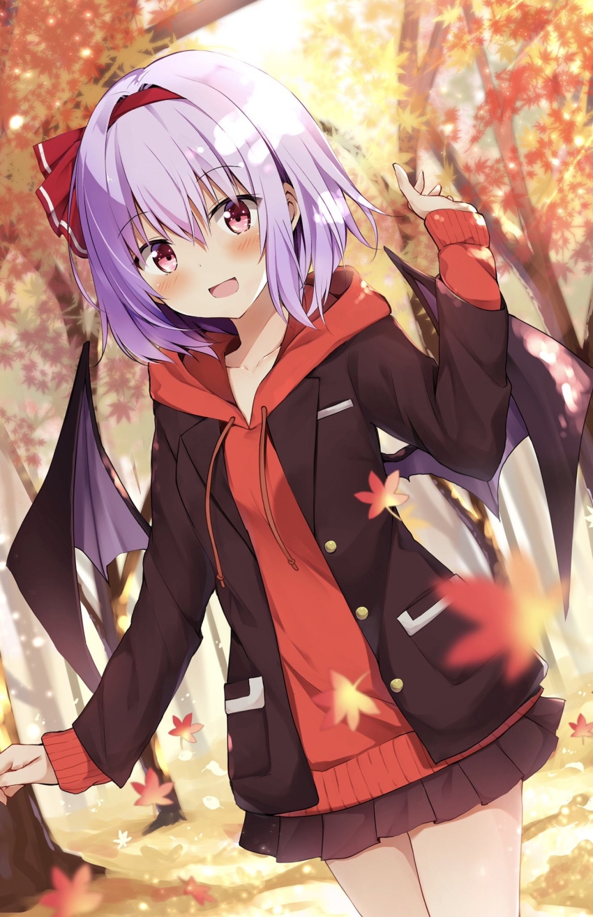 1girl :d alternate_costume autumn autumn_leaves bangs bat_wings black_jacket black_skirt blazer blush casual commentary_request contemporary cowboy_shot dutch_angle eyebrows_visible_through_hair hair_between_eyes hair_ribbon hairband hand_up highres hood hoodie hyurasan jacket lavender_hair long_sleeves looking_at_viewer miniskirt open_mouth outdoors pleated_skirt pocket red_eyes red_hairband red_hoodie red_ribbon remilia_scarlet ribbon short_hair sidelocks skirt smile solo standing thighs touhou wings