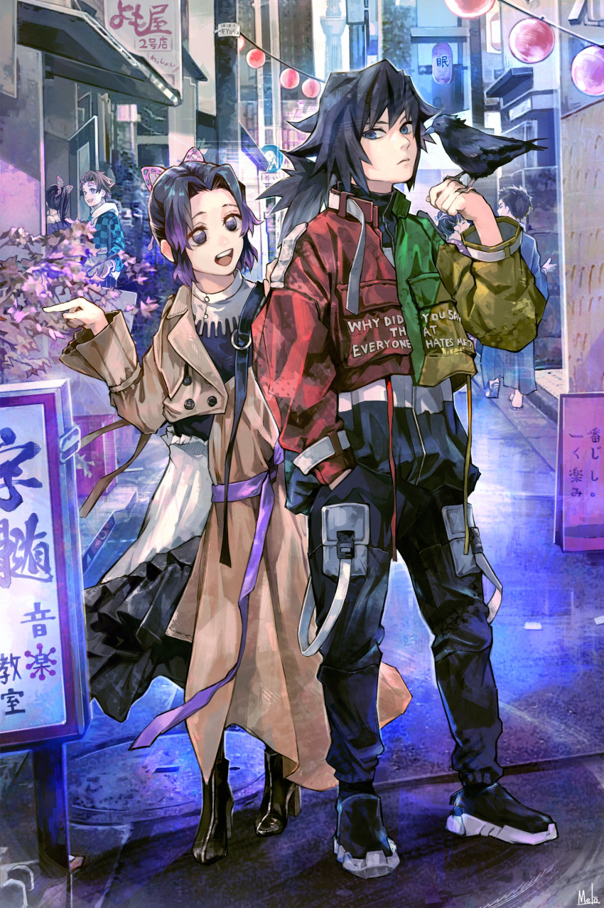 3boys 3girls absurdres akaza_(kimetsu_no_yaiba) alternate_costume animal bird bird_on_arm black_hair blue_eyes brown_hair butterfly_hair_ornament closed_mouth commentary_request crow dress earrings facial_scar gradient_hair hair_ornament hands_in_pockets highres jacket jewelry kamado_tanjirou kimetsu_no_yaiba kochou_shinobu koyuki_(kimetsu_no_yaiba) kyuuba_melo long_hair looking_at_another multicolored_hair multiple_boys multiple_girls open_mouth pocket ponytail purple_hair scar short_hair smile teeth tomioka_giyuu tsuyuri_kanao violet_eyes