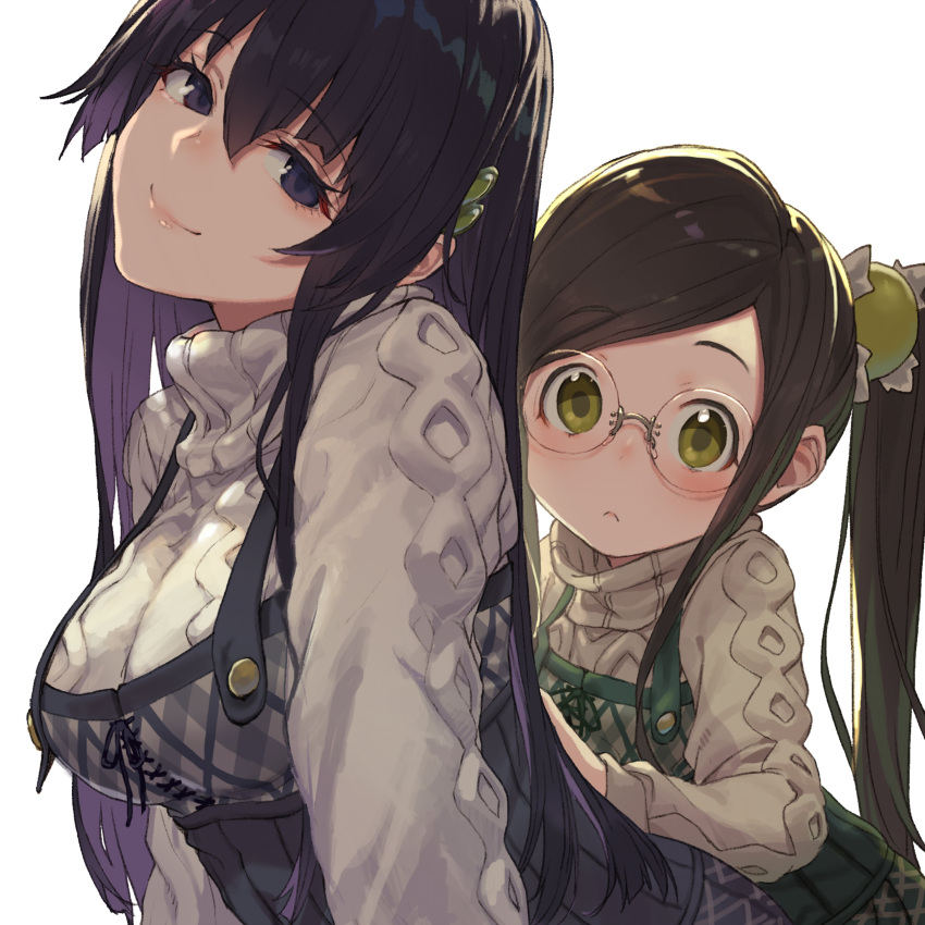 2girls absurdres age_difference black_hair blush breasts brown_hair closed_mouth expressionless eyebrows_visible_through_hair glasses green_eyes green_hair highres kugui_machi large_breasts long_hair looking_at_viewer multicolored_hair multiple_girls official_art overalls ponytail purple_hair ryuuou_no_oshigoto! sadatou_ayano shirabi smile sweater turtleneck turtleneck_sweater two-tone_hair violet_eyes white_sweater