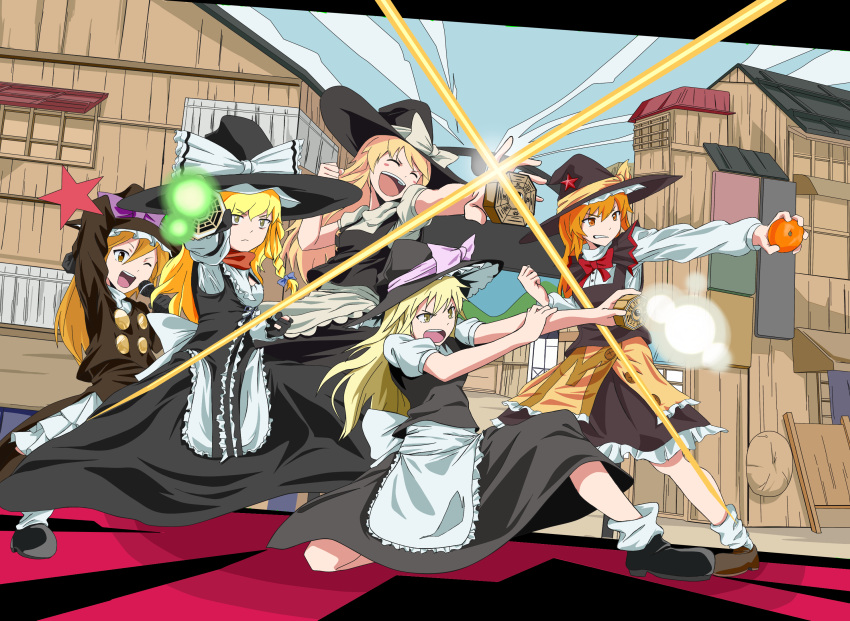 5girls aasamu azusa_(cookie) blonde_hair commentary_request cookie_(touhou) food fruit hat highres holding kirisame_marisa long_hair mandarin_orange mars_(cookie) master_spark microphone mini-hakkero multiple_girls outdoors partial_commentary rei_(cookie) suzu_(cookie) touhou uzuki_(cookie) witch_hat