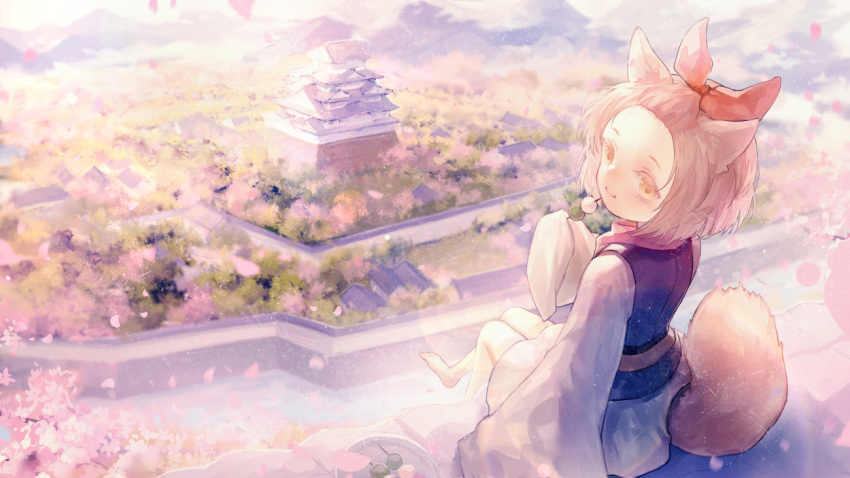 1girl :t animal_ears architecture ash_blossom_&amp;_joyous_spring bangs_pinned_back bare_legs barefoot blurry blurry_background brown_eyes brown_hair castle cherry_blossoms clouds commentary_request dango day dog_ears dog_tail duel_monster east_asian_architecture eating facing_viewer food from_above full_body grey_kimono house japanese_clothes kimono mountainous_horizon no.18 orange_ribbon petals ribbon river sanshoku_dango scarf scenery short_hair sidelocks sitting sitting_on_roof sleeves_past_wrists solo tail tree wagashi wall wide_sleeves yuu-gi-ou