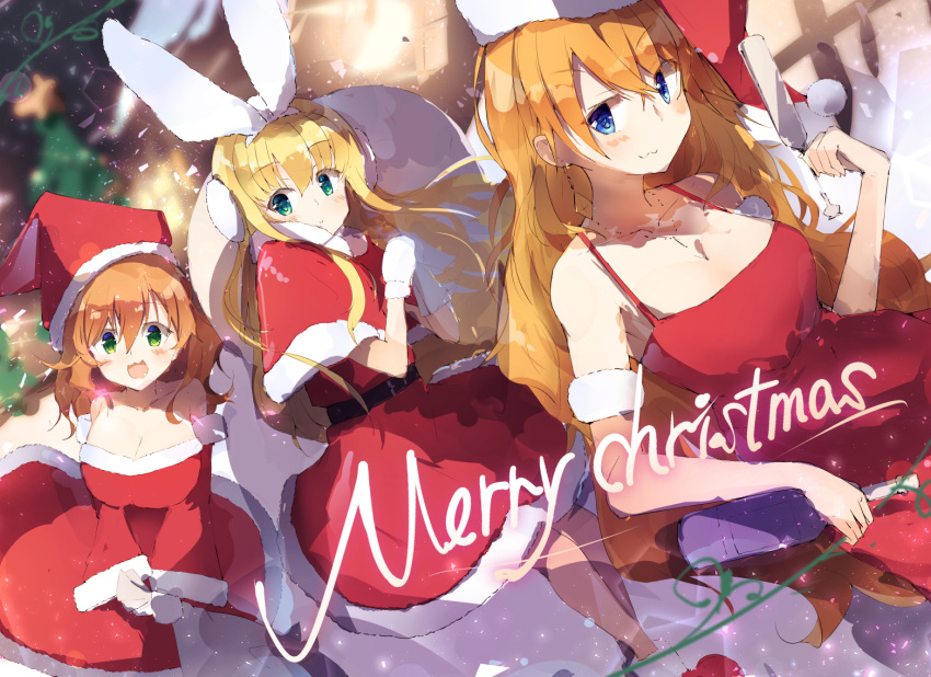 3girls animal_ears belt blonde_hair blue_eyes bottle breasts brown_hair capelet champagne_bottle champagne_flute christmas closed_mouth cup dress drinking_glass green_eyes hat holding holding_bottle holding_sack large_breasts looking_at_viewer medium_breasts merry_christmas mittens mononobe_alice multiple_girls nekopote nijisanji otogibara_era rabbit_ears red_dress red_skirt sack santa_hat skirt upper_body virtual_youtuber warabeda_meijii white_mittens