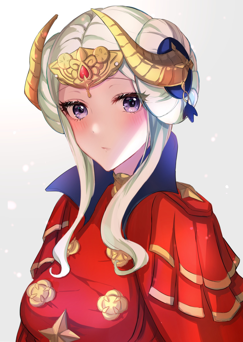 1girl blush breasts cape closed_mouth commentary_request curled_horns double_bun dress edelgard_von_hresvelg epaulettes fire_emblem fire_emblem:_three_houses gradient gradient_background grey_background headpiece highres horns long_hair looking_at_viewer medium_breasts red_cape red_dress satoimo_chika sidelocks silver_hair solo upper_body violet_eyes white_background