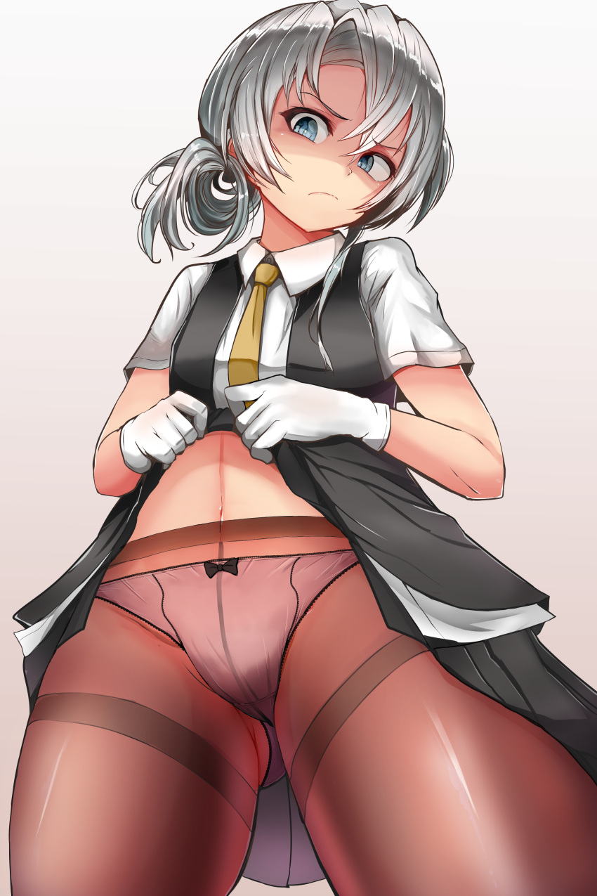 1girl 51_(akiduki) absurdres angry asymmetrical_hair blouse blush eyebrows_visible_through_hair flipped_hair gloves gradient gradient_background highres kantai_collection lifted_by_self long_hair looking_at_viewer necktie nowaki_(kantai_collection) panties panties_under_pantyhose pantyhose pleated_skirt school_uniform short_sleeves side_ponytail silver_hair skirt underwear vest white_gloves yellow_neckwear