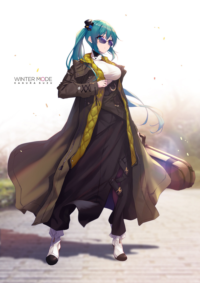 .live 1girl ankle_boots aqua_eyes aqua_hair bag bangs bell black_headwear black_skirt blurry boots breasts brown_coat character_name closed_mouth coat day depth_of_field english_text eyebrows_visible_through_hair fukai_ryousuke full_body hat high-waist_skirt highres holding holding_bag jingle_bell kagura_suzu_(.live) large_breasts long_hair long_skirt looking_at_viewer mini_hat mini_top_hat open_clothes open_coat outdoors pantyhose purple-tinted_eyewear purple_legwear rimless_eyewear shadow shirt side_ponytail sidelocks signature skirt solo standing sunglasses top_hat very_long_hair virtual_youtuber white_footwear white_shirt winter_clothes winter_coat zipper_pull_tab