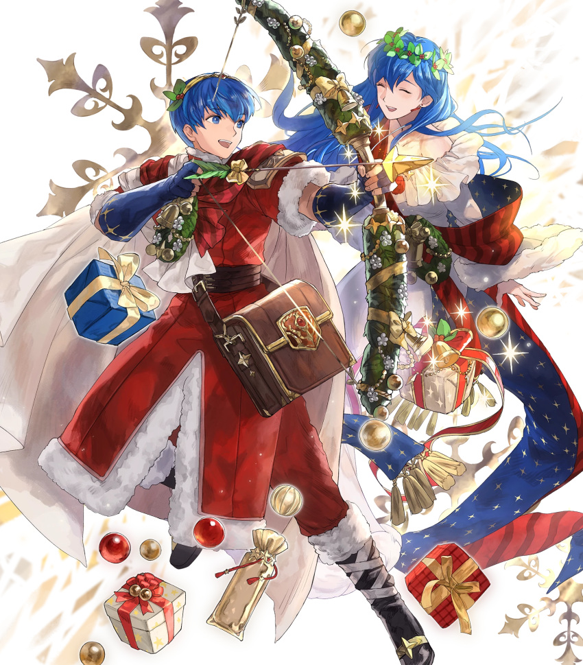 1boy 1girl arrow bag bell blue_eyes blue_hair boots bow bow_(weapon) brother_and_sister cape christmas christmas_ornaments closed_eyes earrings elice_(fire_emblem) fingerless_gloves fire_emblem fire_emblem:_mystery_of_the_emblem fire_emblem_heroes fur_trim gift gloves highres jewelry leaf long_hair marth_(fire_emblem) mayo_(becky2006) official_art open_mouth siblings sparkle teeth tiara transparent_background weapon