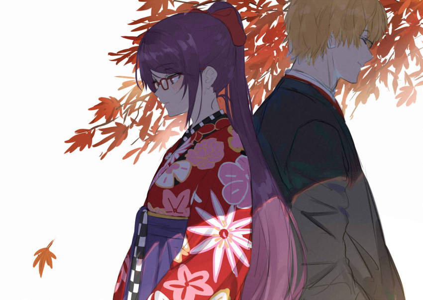 1boy 1girl autumn_leaves back-to-back black-framed_eyewear blush bow brown_hair character_request closed_eyes closed_mouth floral_print glasses hair_bow hakama high_ponytail highres isshiki_(ffmania7) japanese_clothes kimono leaf long_hair looking_away maple_leaf nijisanji ponytail print_kimono profile purple_hair purple_hakama red-framed_eyewear red_bow red_kimono simple_background smile upper_body very_long_hair violet_eyes virtual_youtuber white_background