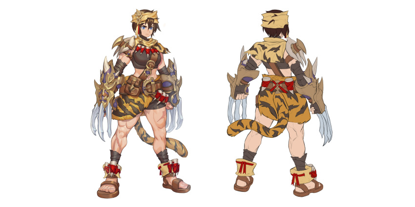 1girl absurdres animal_print armor back belt belt_buckle blue_eyes buckle character_sheet claw_(weapon) clenched_hand closed_mouth flat_color highres jewelry muscle muscular_female navel necklace original pauldrons pouch sandals scar short_hair simple_background solo standing tail tiger_pelt tiger_print tiger_tail tooth_necklace weapon white_background y_frt yellow_headwear