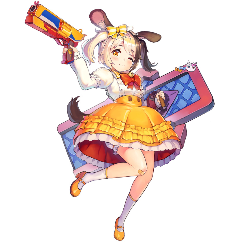 1girl :3 ;3 animal_ears bell blonde_hair bloomers blush bow brown_hair dog_ears dog_girl dog_tail dress full_body game_cg gun hachiko_of_castling hair_bow highres last_origin long_hair mary_janes official_art one_eye_closed orange_eyes paintale shoes smile solo tachi-e tail tareme transparent_background twintails underwear weapon younger