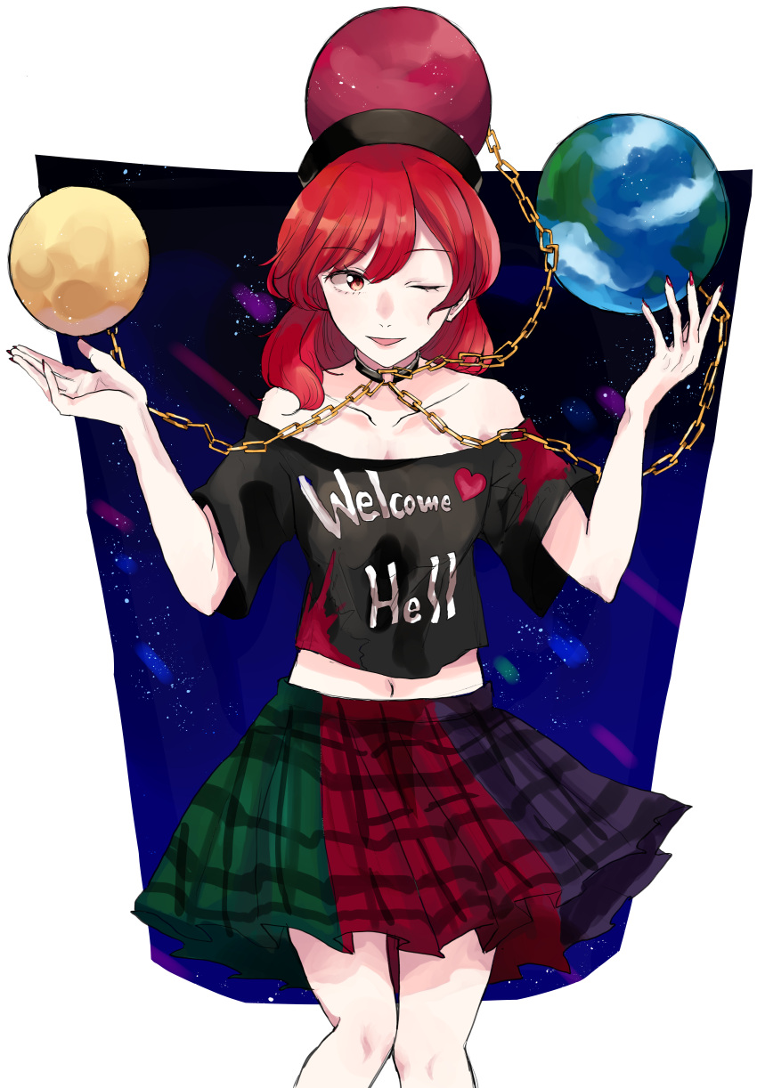 1girl ;d absurdres bangs bare_shoulders black_choker black_shirt chain choker clothes_writing collarbone commentary_request earth_(ornament) eyebrows_visible_through_hair feet_out_of_frame green_skirt hand_up heart hecatia_lapislazuli highres long_hair looking_at_viewer midriff momiji_(purarinette) moon_(ornament) multicolored multicolored_clothes multicolored_skirt nail_polish navel off-shoulder_shirt off_shoulder one_eye_closed open_mouth plaid plaid_skirt pleated_skirt polos_crown purple_skirt red_eyes red_nails red_skirt redhead shirt short_sleeves skirt smile solo standing t-shirt touhou white_background
