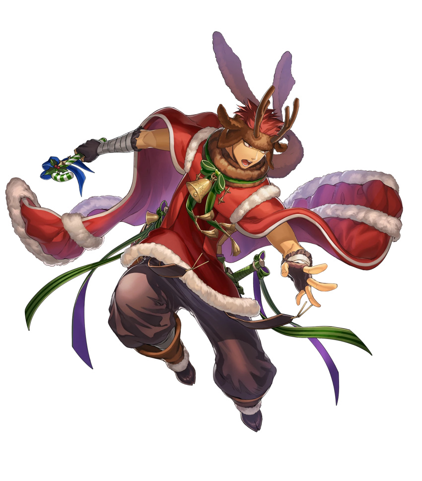 1boy alternate_costume animal_ears antler_ornament bandages bell boots bow bracelet candy candy_cane christmas christmas_ornaments dagger dark_skin deer_ears fingerless_gloves fire_emblem fire_emblem:_the_blazing_blade fire_emblem_heroes food full_body fur_trim gloves highres jaffar_(fire_emblem) jewelry open_mouth red_eyes redhead teeth transparent_background weapon