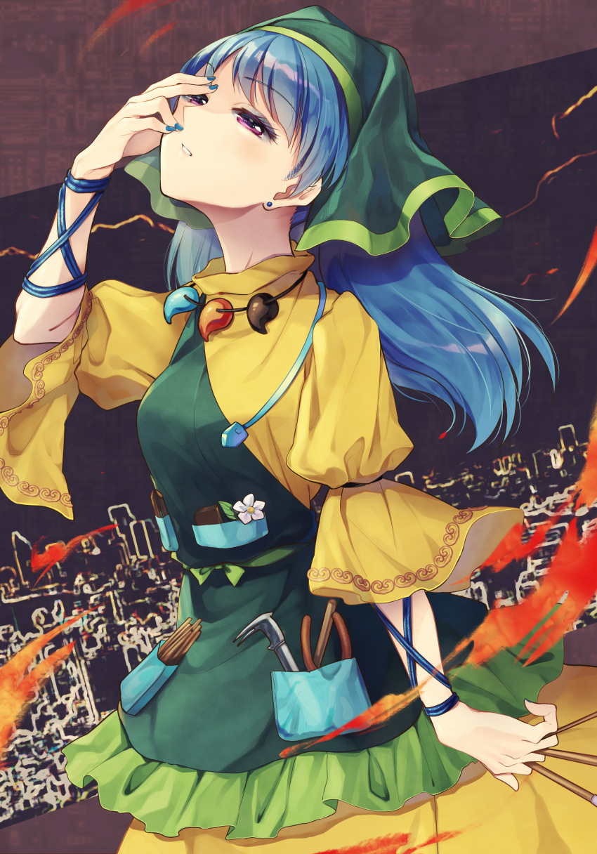 1girl absurdres apron arm_up bangs blue_hair blue_nails blush breasts commentary_request cowboy_shot dress earrings eyebrows_visible_through_hair eyeshadow green_apron hand_up haniyasushin_keiki head_scarf head_tilt highres holding jewelry kaede_(mmkeyy) long_hair looking_up magatama magatama_necklace makeup medium_breasts nail_polish necklace parted_lips pocket puffy_short_sleeves puffy_sleeves short_sleeves solo standing touhou violet_eyes yellow_dress