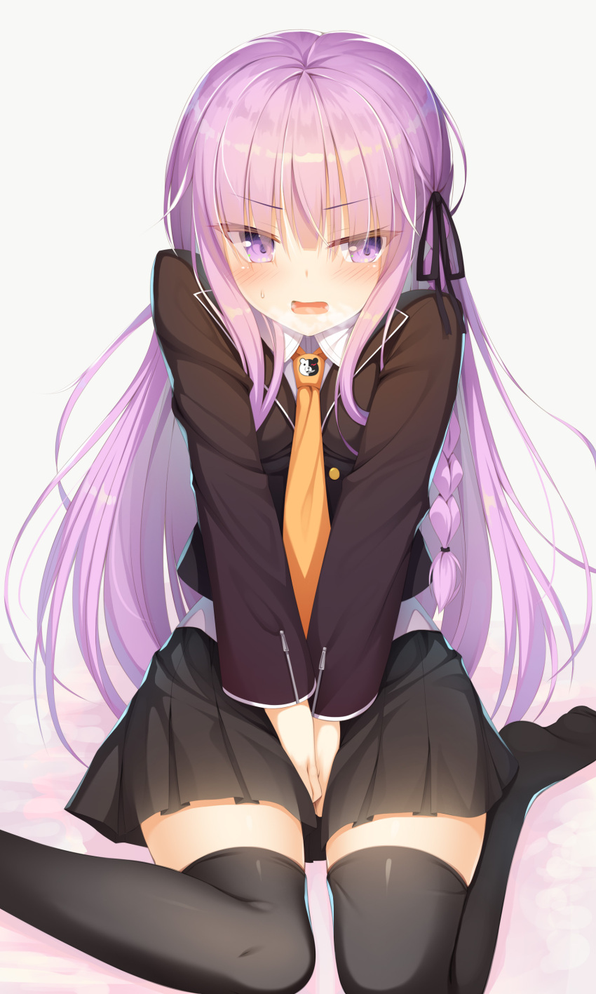 1girl absurdres animal_print bear_print between_legs black_legwear black_skirt blazer blush braid brown_jacket commentary_request dangan_ronpa dangan_ronpa_1 eyebrows_visible_through_hair eyes_visible_through_hair grey_background hair_ribbon hand_between_legs highres jacket kirigiri_kyouko long_hair necktie no_shoes on_ground open_mouth orange_neckwear pleated_skirt purple_hair ribbon school_uniform shinigami_(tukiyomiikuto) simple_background single_braid sitting skirt solo sweatdrop thigh-highs very_long_hair violet_eyes wariza