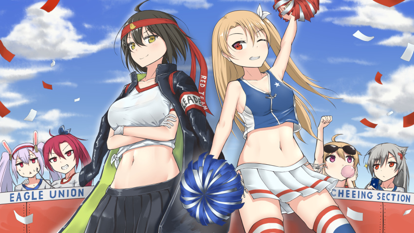 6+girls ahoge alternate_costume anchor animal_ears arm_up artist_request azur_lane baltimore_(azur_lane) bangs black_skirt blonde_hair blue_skirt braid breasts brown_hair bubble_blowing cellphone character_print cheerleader chewing_gum clenched_hand cleveland_(azur_lane) clouds collarbone columbia_(azur_lane) commentary_request confetti cowboy_shot crop_top crossed_arms english_text eyebrows_visible_through_hair eyewear_on_head fake_animal_ears fang french_braid gakuran grey_hair grin groin gym_uniform hachimaki hair_between_eyes hair_ears hair_flaps hairband hand_on_another's_shoulder hand_on_own_cheek headband highres jacket_on_shoulders laffey_(azur_lane) large_breasts long_hair looking_at_viewer manjuu_(azur_lane) midriff miniskirt montpelier_(azur_lane) multicolored multicolored_clothes multicolored_coat multicolored_legwear multiple_girls navel one_eye_closed one_side_up panties parted_bangs phone pleated_skirt pom_poms ponytail rabbit_ears red_eyes redhead riding_crop school_uniform shirt short_hair short_sleeves side-tie_panties skirt sky sleeveless small_breasts smartphone smile socks sparkle sports_festival star star_print sunglasses sweat thigh-highs tied_shirt triangle_mouth twintails typo underwear white_hair white_skirt wichita_(azur_lane) yellow_eyes zettai_ryouiki