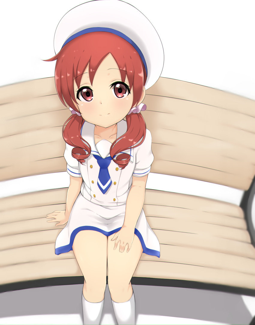 1girl absurdres bent censored_yuu gochuumon_wa_usagi_desu_ka? hand_on_own_thigh hat highres kneehighs long_hair looking_at_viewer miniskirt natsu_megumi red_eyes redhead school_uniform scrunchie serafuku shirt simple_background sitting skirt smile solo white_background white_headwear white_legwear white_shirt white_skirt