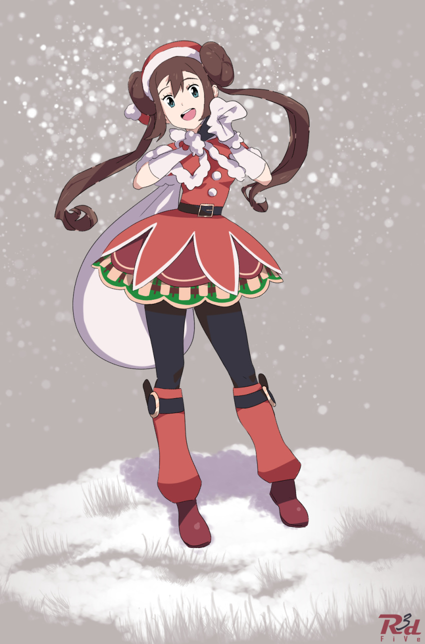 1girl alternate_costume bag black_legwear blue_eyes christmas double_bun fur_trim grass hat highres leg_warmers looking_at_viewer mei_(pokemon) pantyhose pokemon pokemon_(game) pokemon_bw2 pokemon_masters r3dfive santa_hat smile snow snowing solo standing twintails