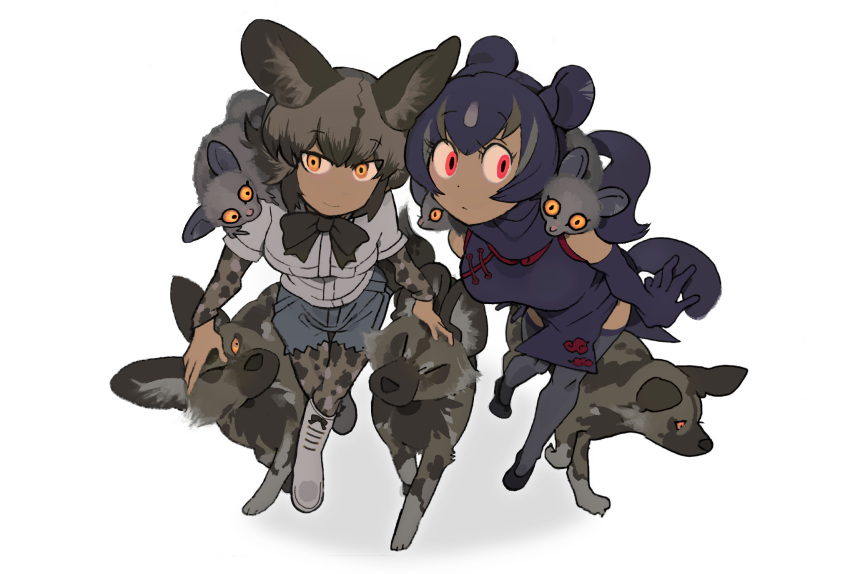 2girls african_wild_dog african_wild_dog_(kemono_friends) animal animal_ears animal_on_shoulder aye-aye aye-aye_(kemono_friends) bangs black_hair bodystocking boots bow bowtie closed_eyes closed_mouth dog dog_ears dog_tail dress elbow_gloves eyebrows_visible_through_hair gloves grey_hair highres igarashi_(nogiheta) kemono_friends kemono_friends_3 leaning_forward lemur_ears lemur_tail long_hair long_sleeves looking_at_another looking_at_viewer looking_to_the_side medium_hair multicolored_hair multiple_girls orange_eyes orange_sclera petting ponytail red_eyes short_over_long_sleeves short_sleeves simple_background sleeveless sleeveless_dress smile tail thigh-highs two-tone_hair walking white_background zettai_ryouiki