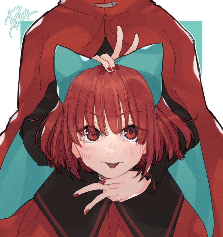 1girl aqua_bow black_shirt blush bow cape disembodied_head double_v eyebrows_visible_through_hair hair_bow hand_on_own_head high_collar highres holding_head long_sleeves looking_at_viewer nose_blush prat_rat red_cape red_eyes red_nails red_skirt redhead sekibanki shirt short_hair signature skirt solo tongue tongue_out touhou upper_body v