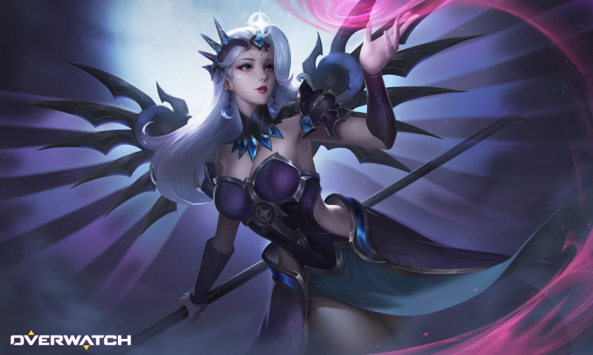 1girl alternate_costume alternate_hair_color arm_up armor armored_dress atlantic_mercy blue_eyes copyright_name crescent crescent_earrings crown detached_collar detached_sleeves earrings facial_mark forehead_mark forehead_tattoo highres jewelry light_smile logo long_hair mechanical_wings mercy_(overwatch) overwatch shoulder_armor silver_hair staff standing starry-hp wings