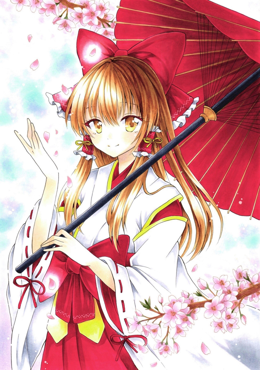 1girl absurdres alternate_costume bangs bow brown_hair cherry_blossoms closed_mouth cowboy_shot eyebrows_visible_through_hair flower frilled_bow frilled_hair_tubes frills hair_between_eyes hair_bow hair_tubes hakama hakurei_reimu highres holding holding_umbrella japanese_clothes kimono long_hair long_sleeves looking_at_viewer marker_(medium) oriental_umbrella pink_flower red_bow red_hakama red_ribbon red_umbrella ribbon ribbon-trimmed_sleeves ribbon_trim shiny shiny_hair smile solo standing touhou traditional_media umbrella white_kimono wide_sleeves yellow_eyes yuiki_(cube)