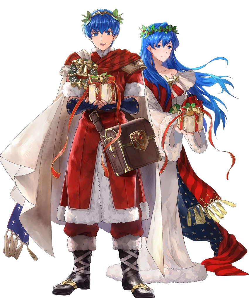 1boy 1girl bag bell blue_eyes blue_hair boots bow brother_and_sister cape christmas christmas_ornaments elice_(fire_emblem) fingerless_gloves fire_emblem fire_emblem:_mystery_of_the_emblem fire_emblem:_mystery_of_the_emblem fire_emblem:_shadow_dragon fire_emblem:_shin_ankoku_ryuu_to_hikari_no_tsurugi fire_emblem_heroes fur_trim gift gloves highres intelligent_systems leaf long_hair marth_(fire_emblem) mayo_(becky2006) nintendo official_art open_mouth siblings super_smash_bros. teeth tiara transparent_background