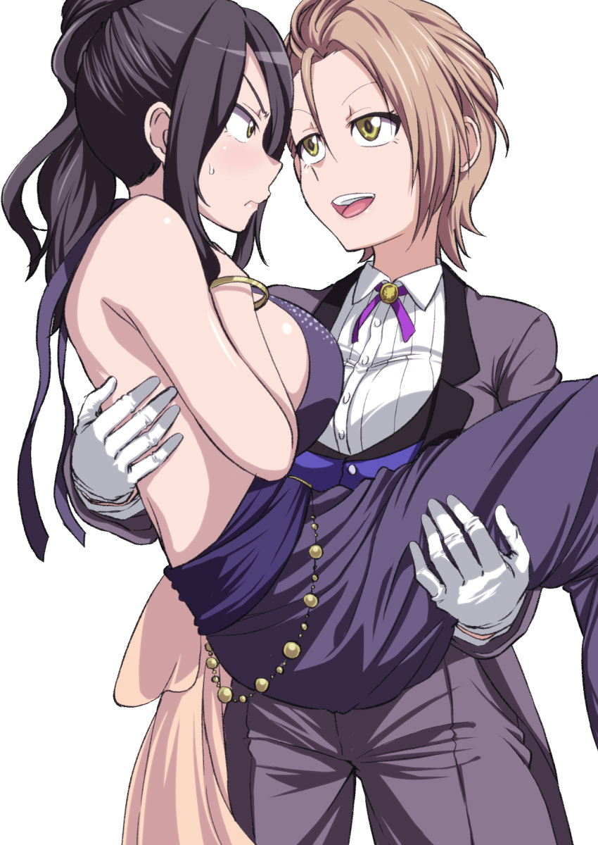 2girls backless_dress backless_outfit bare_shoulders blazer blush bracelet breasts brown_eyes brown_hair carrying collared_shirt commentary_request dress eye_contact formal gloves hair_slicked_back hand_on_own_chest highres idolmaster idolmaster_cinderella_girls jacket jewelry kimura_natsuki large_breasts long_hair looking_at_another mukai_takumi multiple_girls princess_carry shirt sideboob simple_background smile tyotyotyori white_background white_gloves yuri