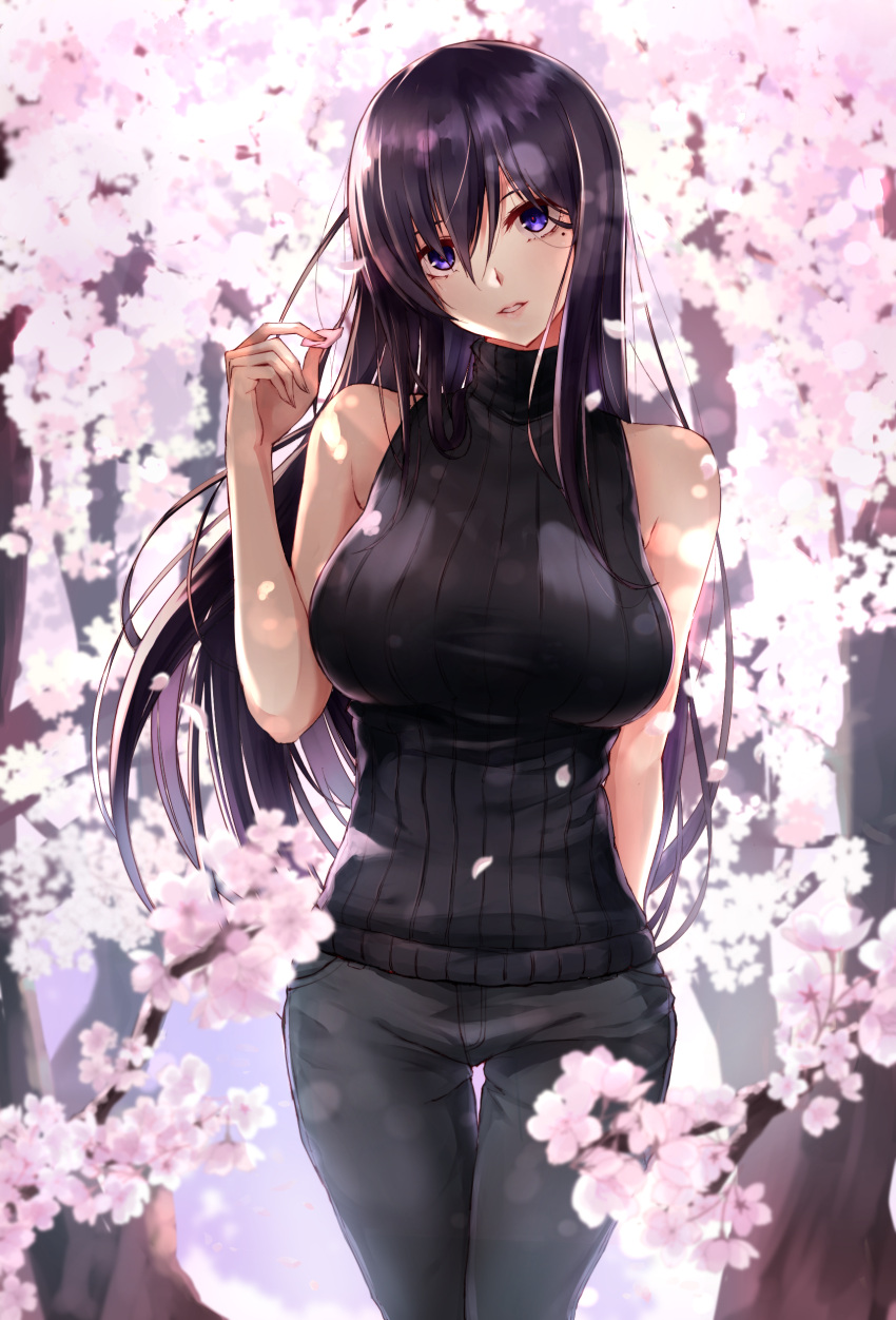 1girl absurdres alice_gear_aegis arm_behind_back bangs bare_shoulders black_hair black_pants black_sweater breasts cherry_blossoms commentary_request cowboy_shot day fingernails hair_between_eyes hand_up highres jewelry kagome_misaki large_breasts long_hair looking_at_viewer mole mole_under_eye outdoors pants parted_lips petals puru_(ex-150) ribbed_sweater sidelocks sleeveless sleeveless_sweater sleeveless_turtleneck smile solo standing sweater turtleneck turtleneck_sweater very_long_hair violet_eyes