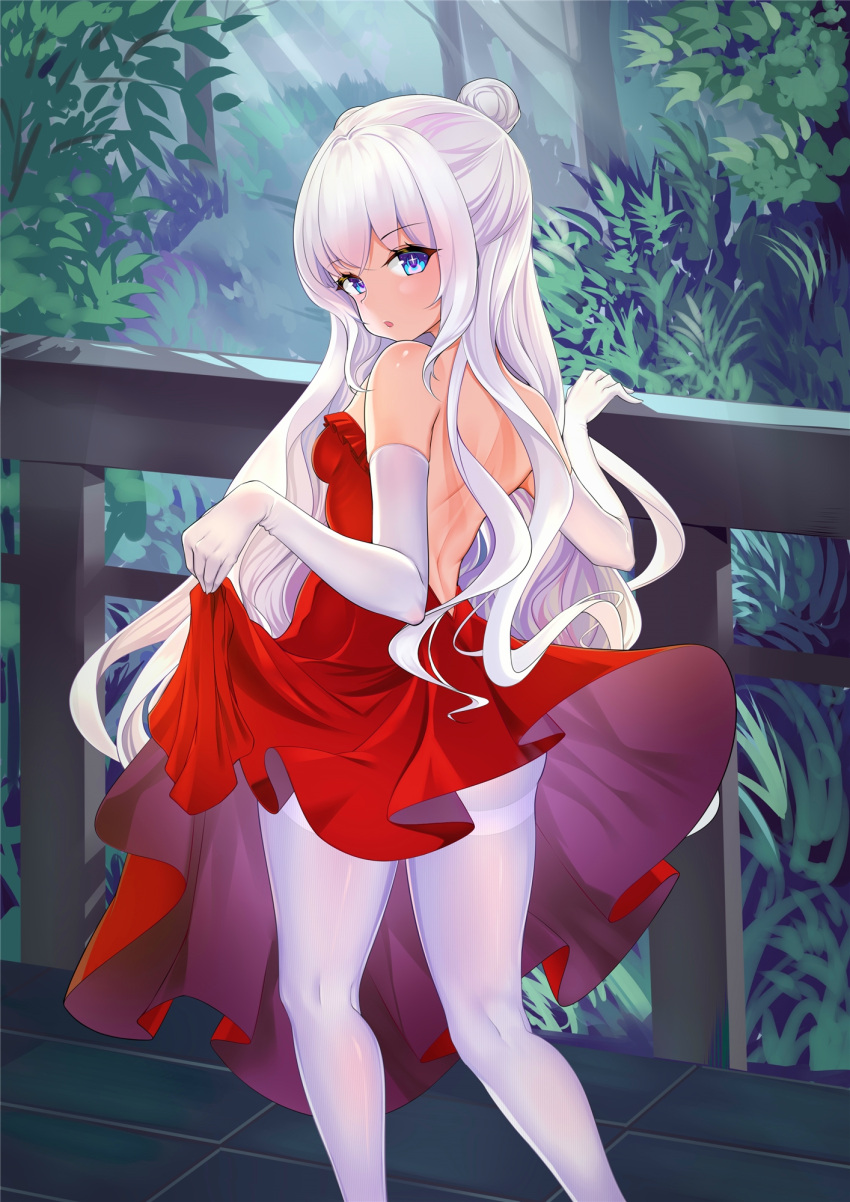 +_+ 1girl :o alternate_costume ass azur_lane backless_dress backless_outfit bangs bare_back bare_shoulders blue_eyes day dress dress_lift elbow_gloves from_behind gloves hair_bun highres le_malin_(azur_lane) lifted_by_self long_hair looking_at_viewer looking_back mikawa_sansen outdoors pantyhose plant railing red_dress skirt_hold standing strapless strapless_dress thighband_pantyhose very_long_hair wavy_hair white_gloves white_legwear