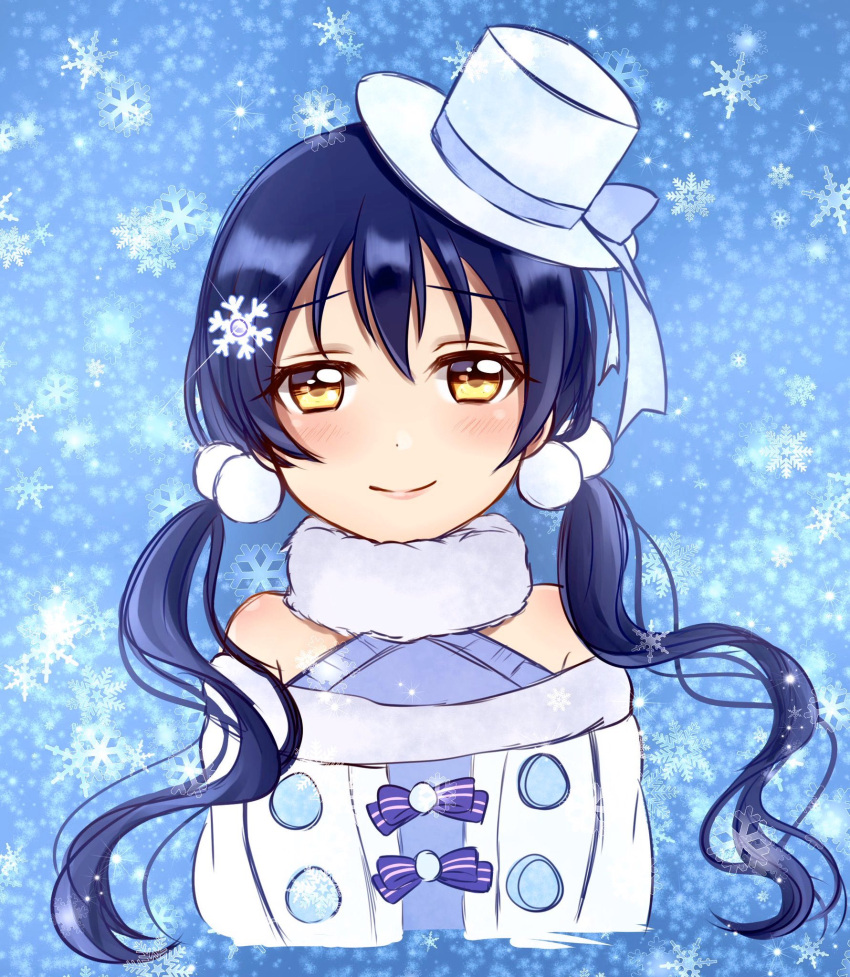 alternate_hairstyle bangs bare_shoulders blue_hair commentary_request eyebrows_visible_through_hair hair_between_eyes hair_ornament hairpin hat highres kino_xx62 long_hair looking_at_viewer love_live! love_live!_school_idol_festival love_live!_school_idol_project portrait smile snow snowflake_hair_ornament snowflakes sonoda_umi twintails winter_clothes yellow_eyes