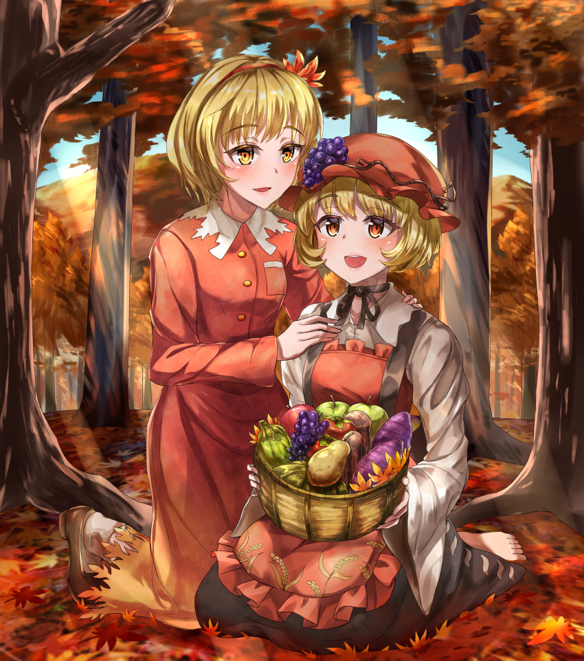 2girls :d absurdres aki_minoriko aki_shizuha apple autumn autumn_leaves bangs barefoot basket black_choker black_footwear black_ribbon black_skirt blonde_hair blue_sky blush breast_pocket breasts choker commentary_request day dress eyebrows_visible_through_hair food food_themed_hair_ornament fruit grape_hair_ornament hair_ornament hairband hat highres holding holding_basket kneeling leaf_hair_ornament light_rays long_sleeves mob_cap multiple_girls open_mouth outdoors pocket red_dress red_eyes red_hairband red_headwear ribbon ribbon_choker shirt shoes short_hair siblings sisters skirt sky small_breasts smile sweet_potato touhou waffle_nouka white_shirt wide_sleeves yellow_eyes