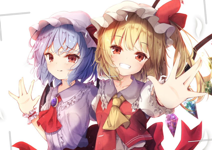 2girls ascot blonde_hair blue_hair blush clenched_teeth closed_mouth crystal eyebrows_visible_through_hair flandre_scarlet hat loli_ta1582 looking_at_viewer mob_cap multiple_girls red_eyes red_neckwear remilia_scarlet short_hair side_ponytail smile teeth touhou white_headwear wings wrist_cuffs yellow_neckwear
