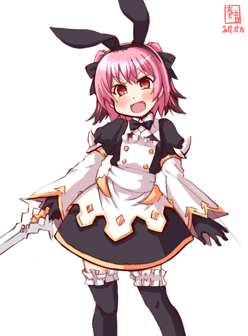 1girl animal_ears apron artist_logo astolfo_(fate) astolfo_(fate)_(cosplay) astolfo_(saber)_(fate) astolfo_(saber)_(fate)_(cosplay) bangs black_dress black_gloves black_legwear black_neckwear colored_tips commentary_request contrapposto cosplay dated dress fang fate/grand_order fate_(series) frilled_legwear gloves hair_between_eyes highres kanon_(kurogane_knights) kantai_collection kunashiri_(kantai_collection) look-alike messy_hair multicolored_hair open_mouth orange_eyes pink_hair rabbit_ears simple_background skin_fang solo sword thigh-highs two-tone_hair two_side_up weapon white_apron white_background