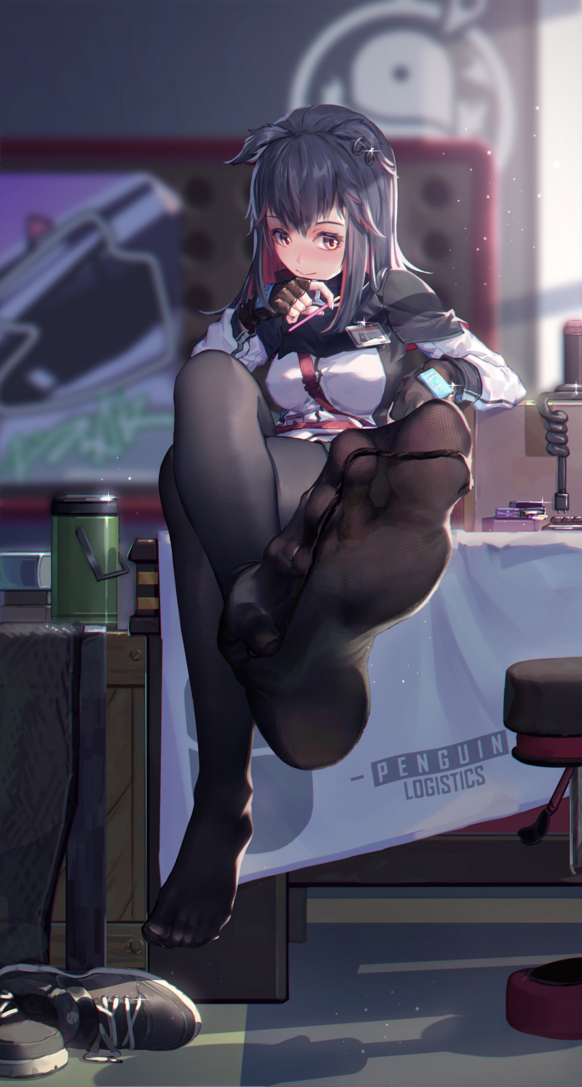 1girl absurdres animal_ears arknights bangs black_gloves black_hair black_legwear blurry blurry_background breasts closed_mouth coat commentary_request ear_piercing feet fingerless_gloves footwear_removed gloves highres ice_(dzs1392584271) indoors legs long_hair long_sleeves multicolored_hair no_shoes pantyhose piercing pov_feet redhead sitting soles solo texas_(arknights) two-tone_hair