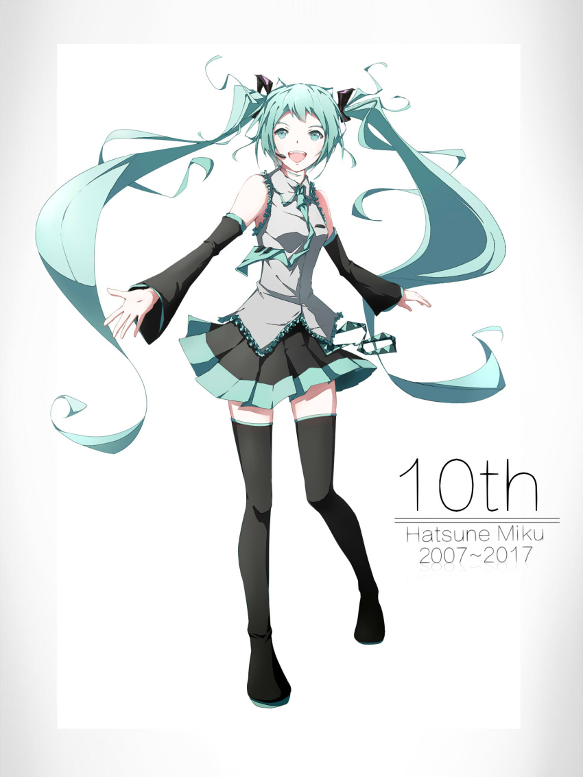 1girl :d black_bow black_footwear black_skirt black_sleeves blue_eyes blue_hair blue_neckwear blue_skirt boots bow collared_shirt detached_sleeves dress_shirt floating_hair frilled_shirt frills hair_bow hatsune_miku highres long_hair long_sleeves microphone miniskirt necktie open_mouth pleated_skirt shirt skirt sleeveless sleeveless_shirt smile solo thigh-highs thigh_boots twintails two-tone_skirt user_dmmt3227 very_long_hair vocaloid white_shirt wing_collar zettai_ryouiki