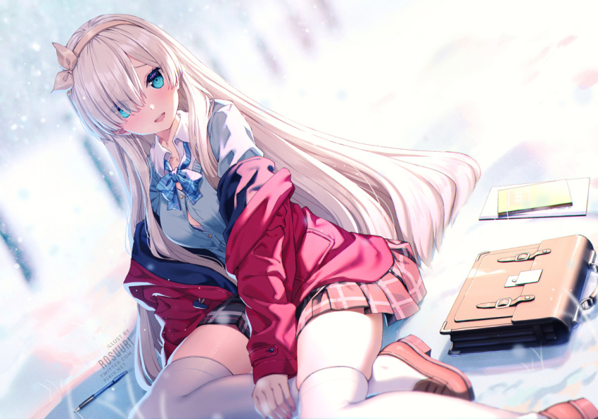 1girl :d anastasia_(fate/grand_order) artist_name bangs black_skirt blue_bow blue_eyes blurry blurry_background bow breasts brown_footwear brown_hairband brown_ribbon collared_shirt commentary_request depth_of_field dress_shirt dutch_angle eyebrows_visible_through_hair eyes_visible_through_hair fate/grand_order fate_(series) hair_over_one_eye hair_ribbon hairband jacket loafers long_hair long_sleeves looking_at_viewer open_clothes open_jacket open_mouth pleated_skirt red_jacket ribbon rosuuri school_briefcase shirt shoes silver_hair sitting skirt sleeves_past_wrists small_breasts smile snow solo thigh-highs upper_teeth very_long_hair watermark web_address white_legwear white_shirt yokozuwari