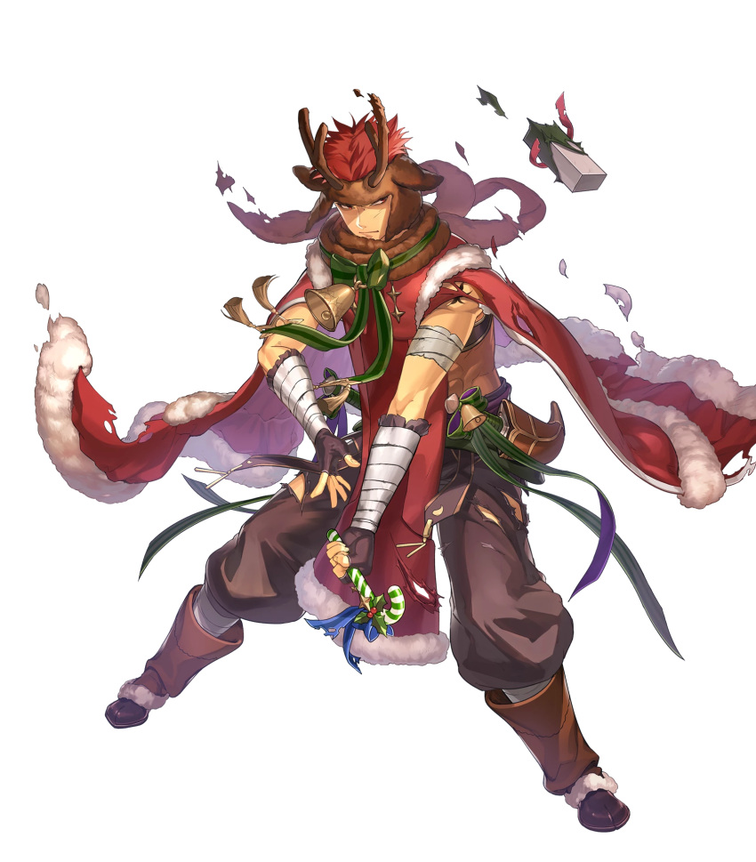 1boy alternate_costume animal_ears antler_ornament bandages bell boots bow bracelet candy candy_cane christmas christmas_ornaments dagger dark_skin deer_ears fingerless_gloves fire_emblem fire_emblem:_the_blazing_blade fire_emblem_heroes food full_body fur_trim gift gloves highres injury jaffar_(fire_emblem) jewelry red_eyes redhead torn_clothes transparent_background weapon